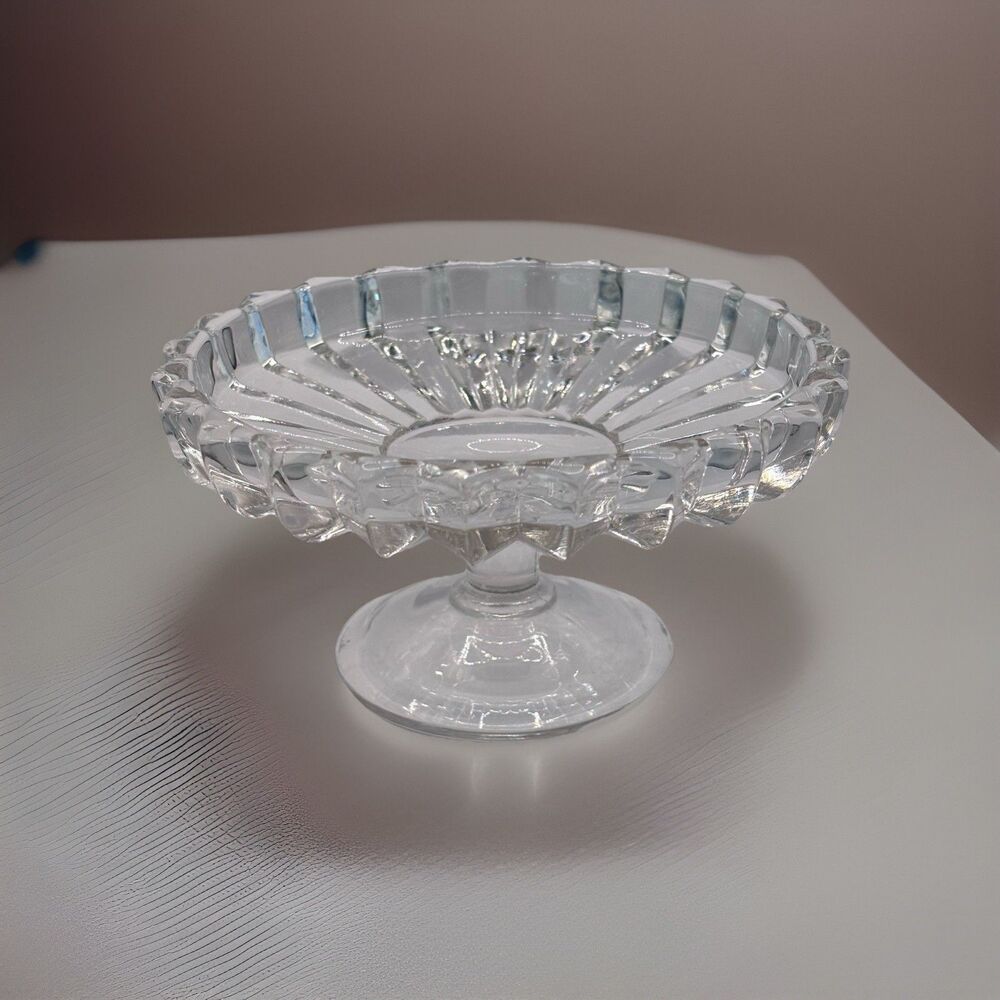 Vintage Pressed Glass Pedestal Bowl Scalloped Edge Starburst Compote Clear Dish